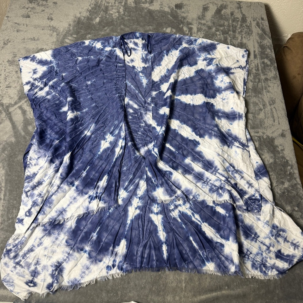 American‎ Eagle Blue Tie Dye Kimono OS One Size Wrap Frayed Hem Summer Coverup